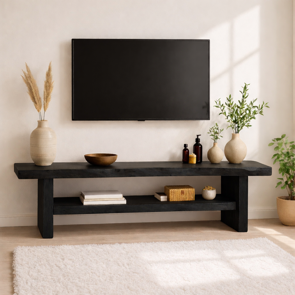 Rustic Solid Wood TV Stand Long Live Edge Media Console Natural Entertainment Unit Kitchnce