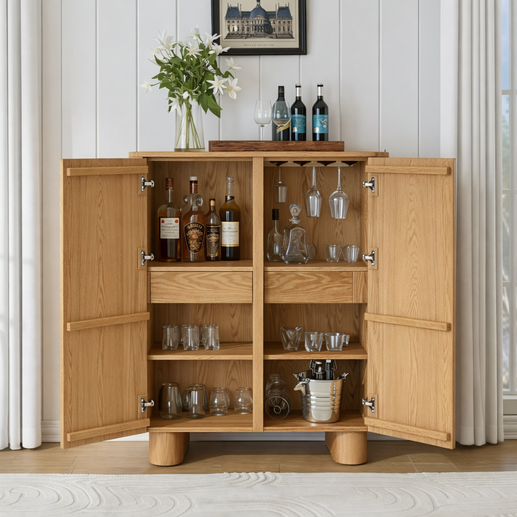 Handcrafted Solid Wood Wine Cabinet Minimal Oak Bar Storage with Hidden Shelves Scandinavian