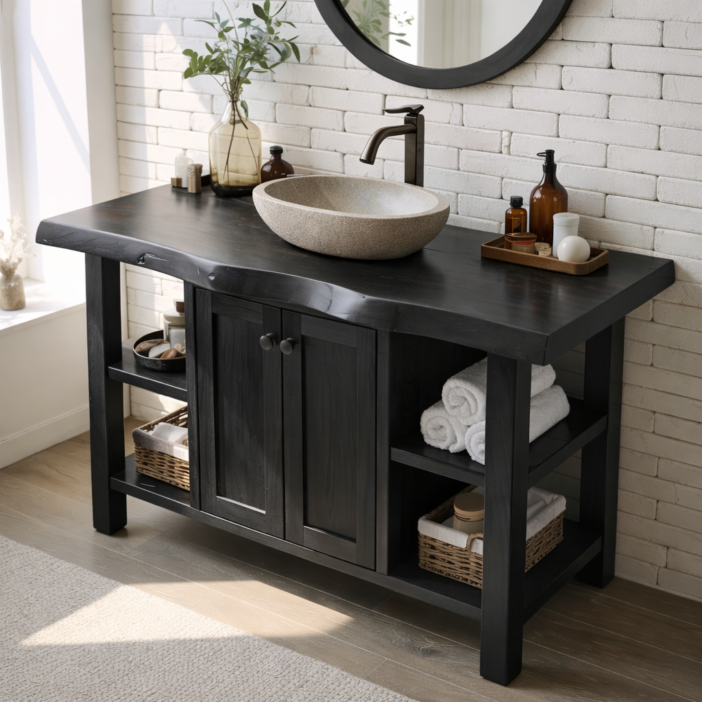 Rustic Solid Wood Bathroom Vanity Cabinet With Doors And Open Shelves Kitchnce
