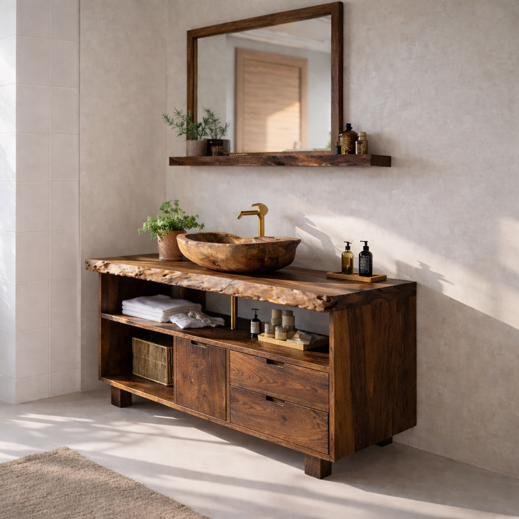 Solid Wood Bathroom Vanity Cabinet with Shelf Storage – Modern Rustic Vanity (No Sink)