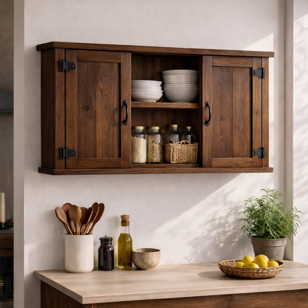 Rustic Wooden Kitchen Cabinet with Double Doors | Wall-Mounted Storage