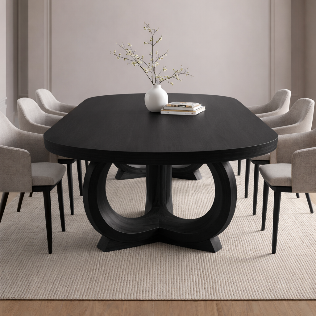 Modern Oval Dining Table Sculptural Double Loop Base Large Statement Dining Table
