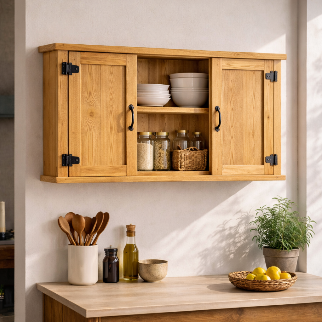 Rustic Wooden Kitchen Cabinet with Double Doors | Wall-Mounted Storage