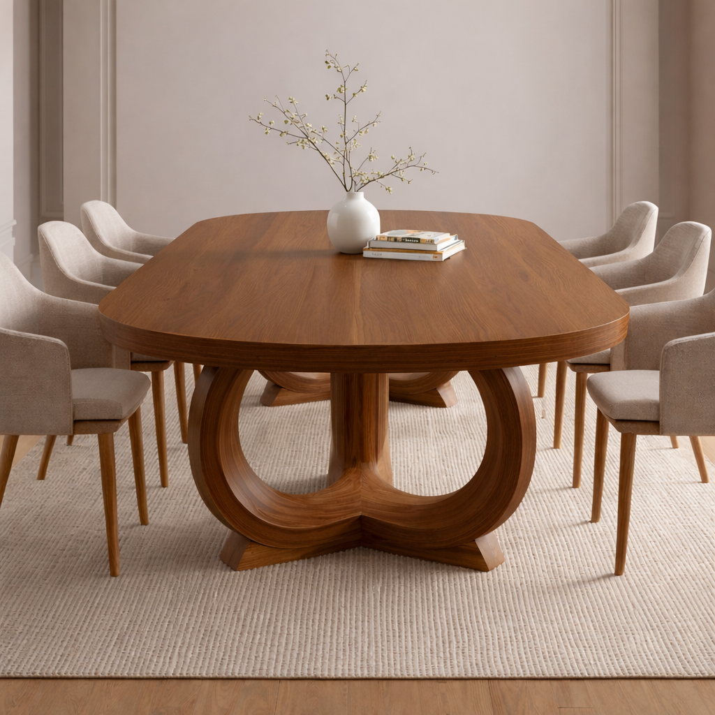 Modern Oval Dining Table Sculptural Double Loop Base Large Statement Dining Table