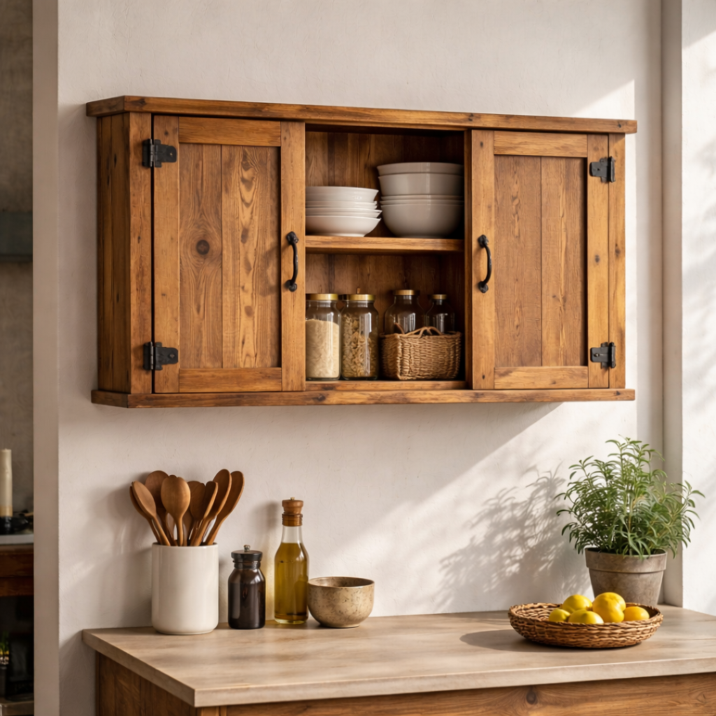 Rustic Wooden Kitchen Cabinet with Double Doors | Wall-Mounted Storage