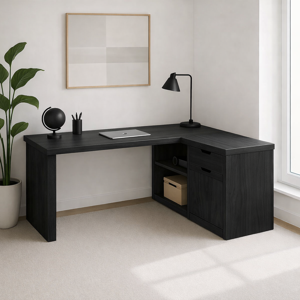 L-Shaped Walnut Desk with Storage – Corner Workspace Solution