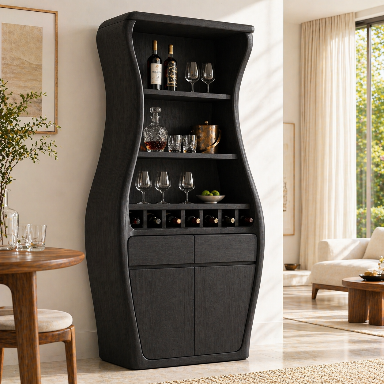 Sculptural Tall Wine Cabinet Bar Storage Bottle Rack Shelves Drawer Organizer