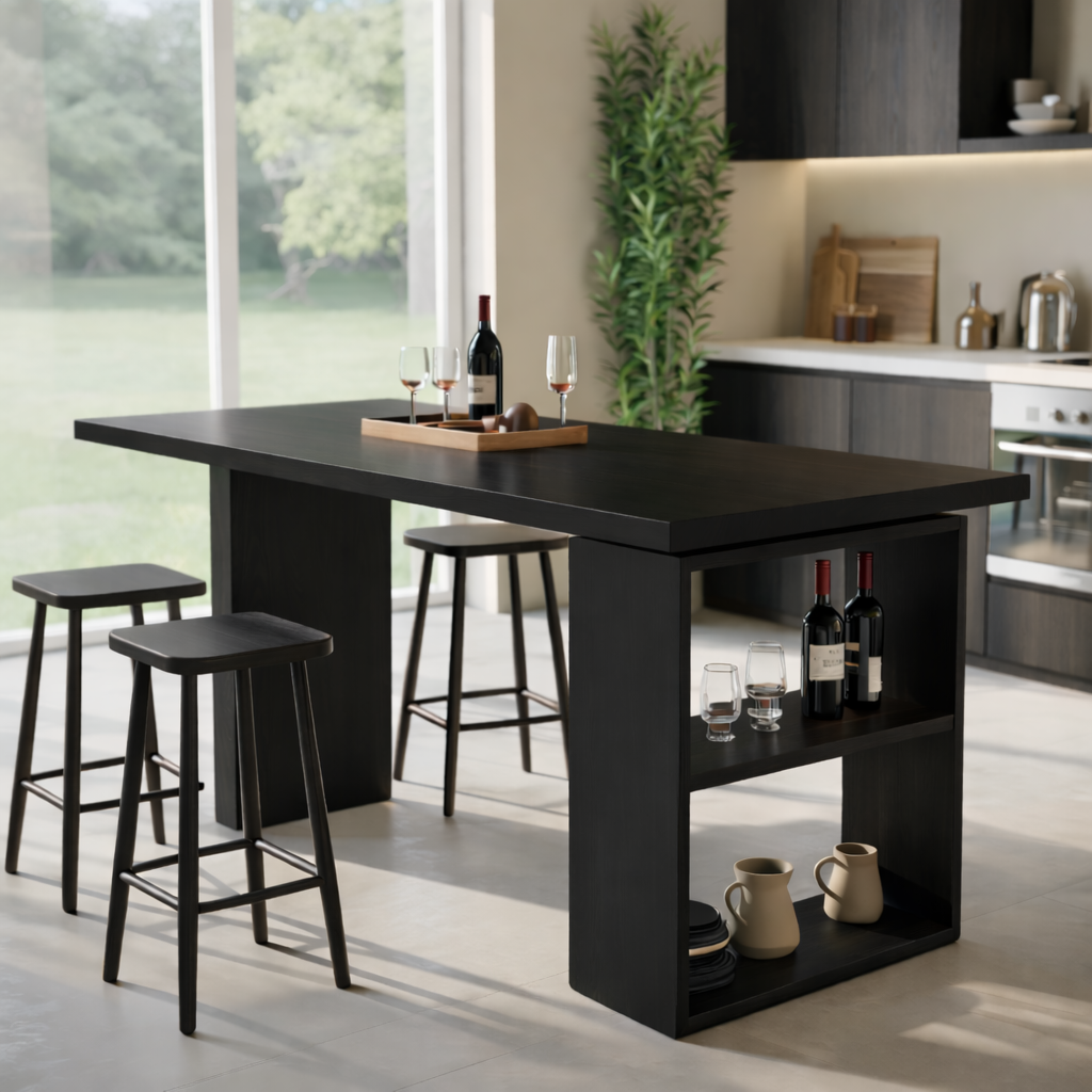 Modern Dining Table with Built-In Storage Shelf and Bar Seating, Contemporary Kitchen Island Table