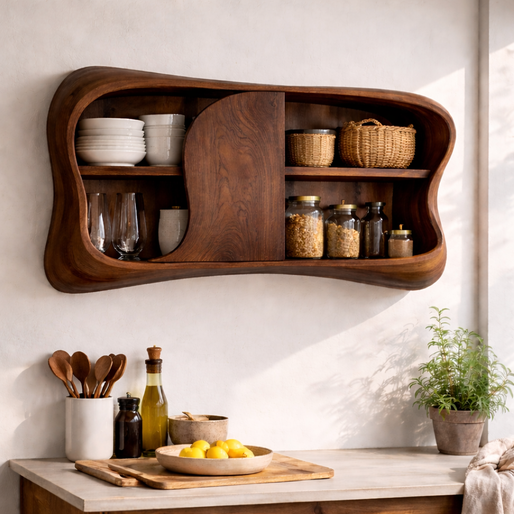 Modern Solid Wood Kitchen Cabinet with Curved Doors | Wall-Mounted Storage