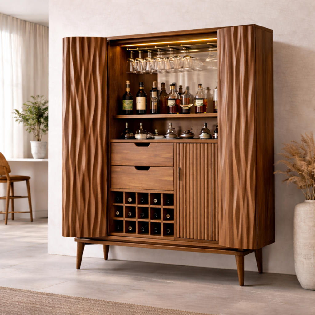 Solid Wood Bar Cabinet with Carved Doors, Wine Rack & Glass Holder – Modern Home Bar Storage
