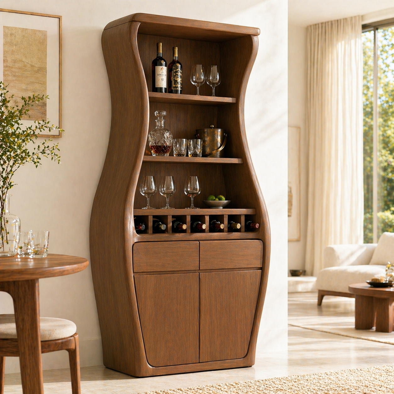 Sculptural Tall Wine Cabinet Bar Storage Bottle Rack Shelves Drawer Organizer
