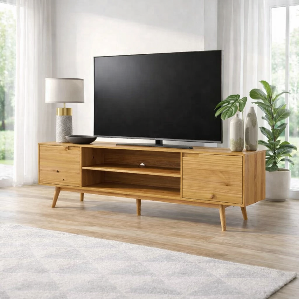 Solid Wood TV Console with Open Shelf & Cabinets – Modern Media Stand