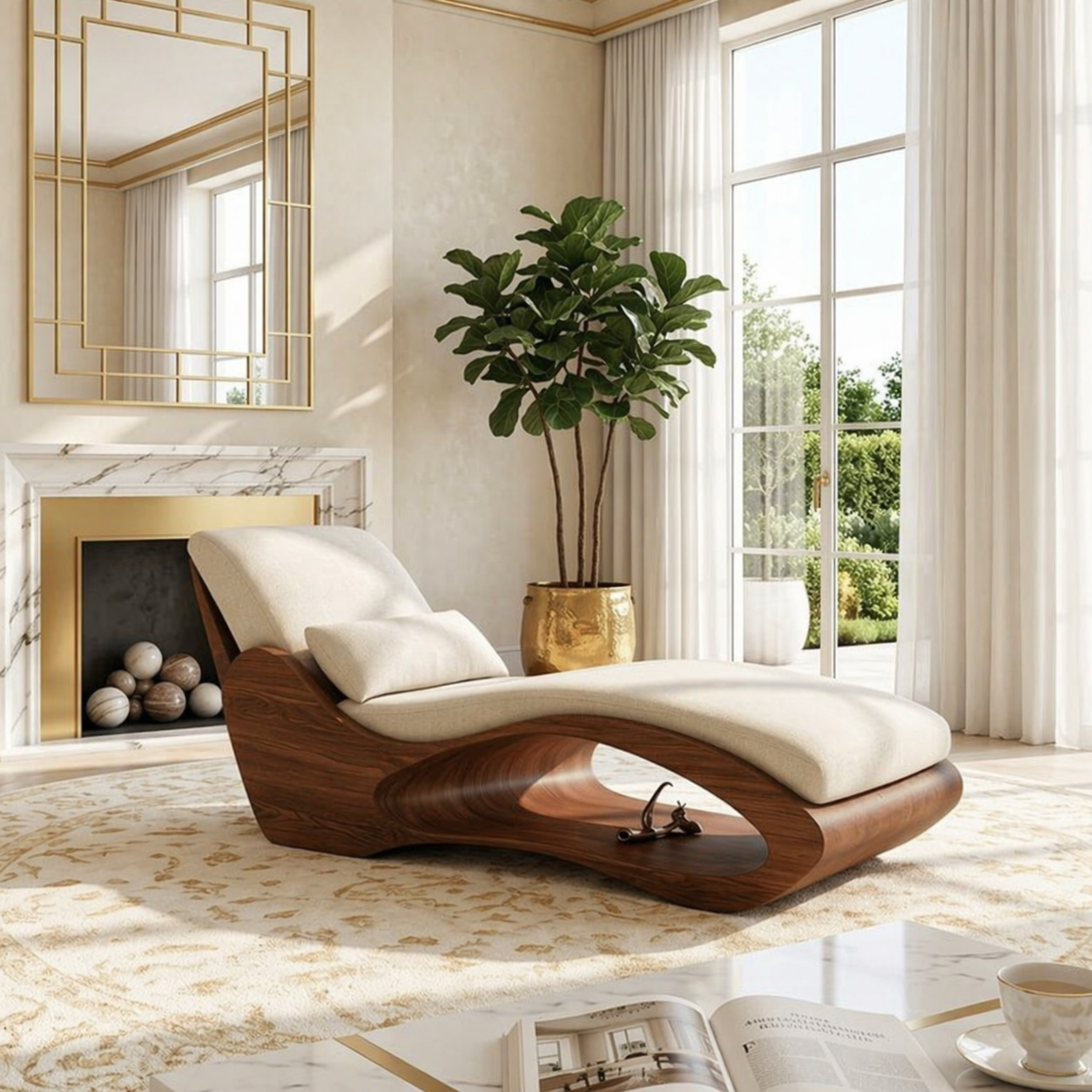 Modern Sculptural Chaise Lounge Chair, Curved Luxury Minimalist Accent Furniture