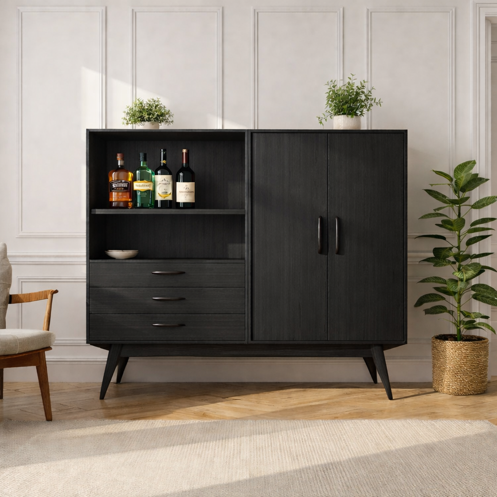 Handcrafted Solid Wood Wine Cabinet Mid Century Bar Storage with Doors and Drawers