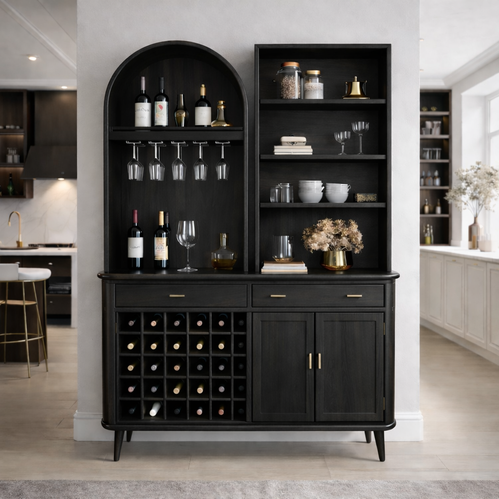 Solid Wood Bar Cabinet with Wine Rack, Arched Shelf & Open Display Storage