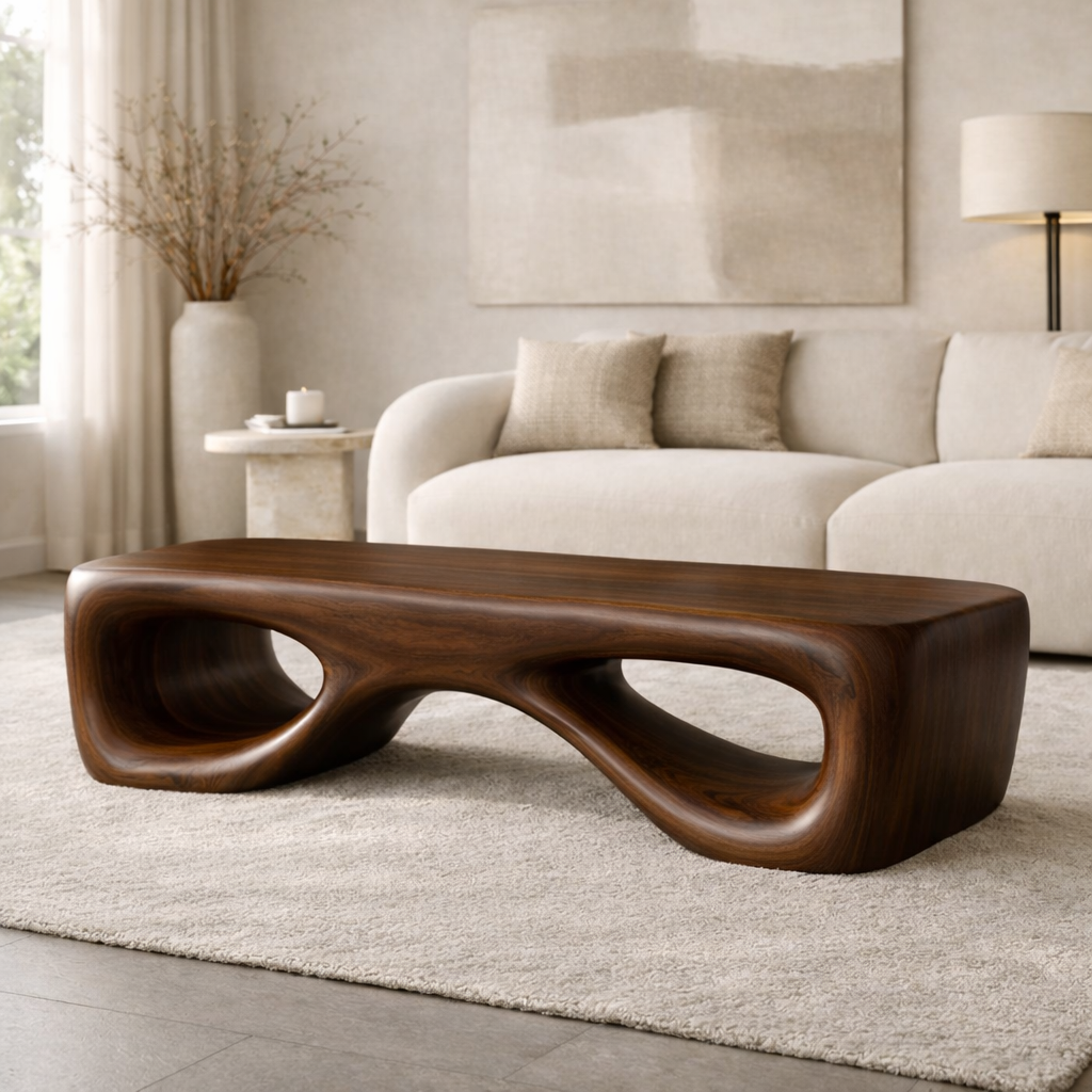 Modern Sculptural Wooden Entryway Bench, Curved Hallway Seating for Luxury Homes