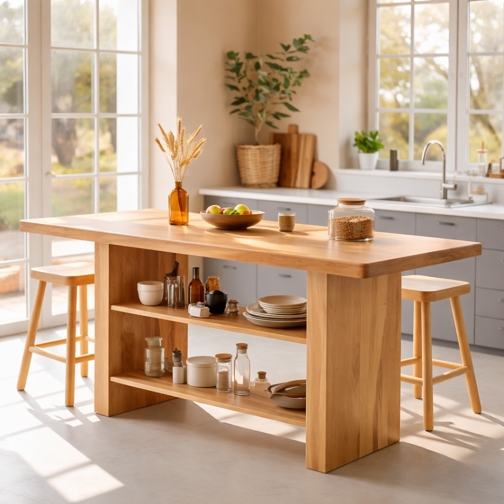 Modern Dining Table with Open Storage Shelves and Bar Seating, Multifunction Kitchen Island Table
