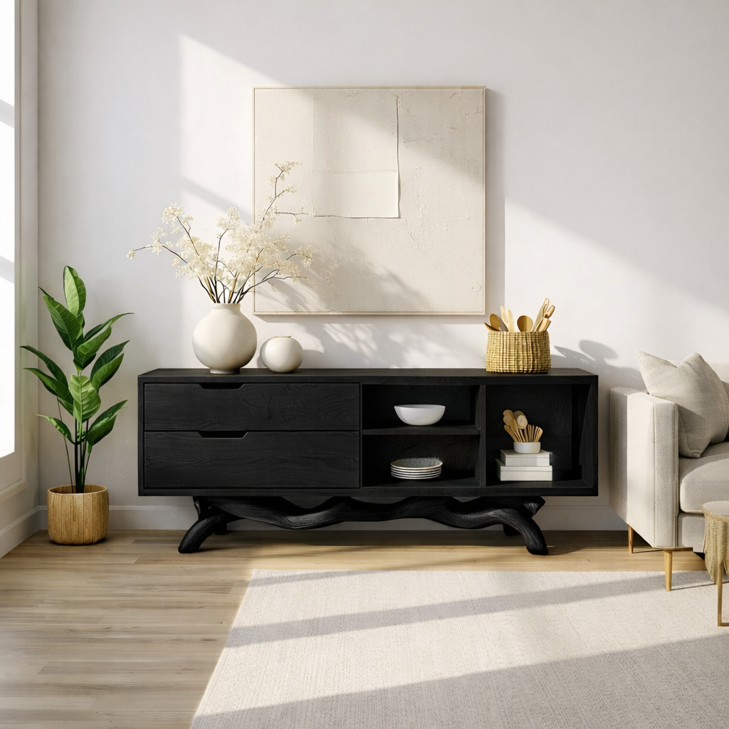 Modern Solid Wood Sideboard with Sculptural Base, Mid Century Storage Cabinet