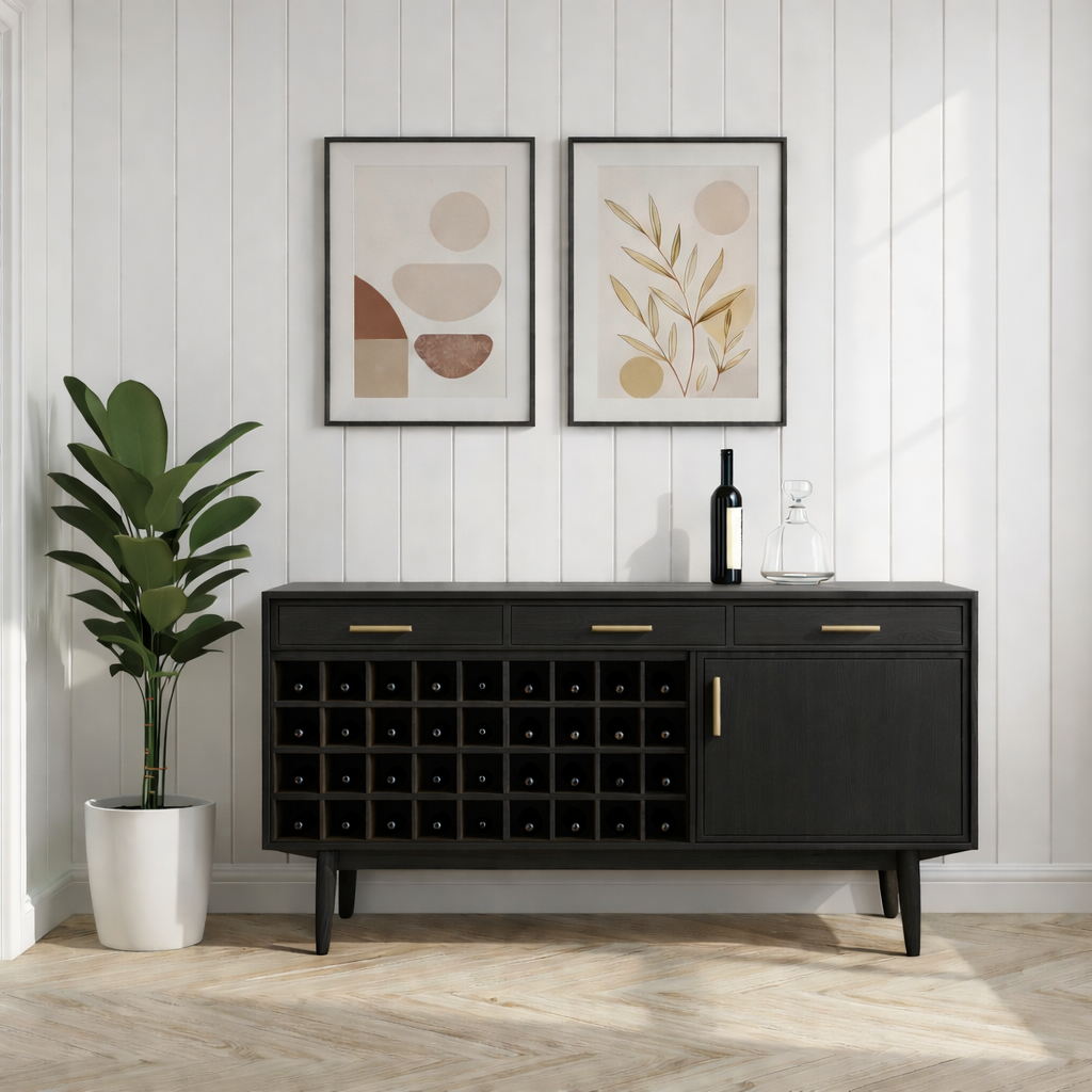 Mid Century Solid Wood Wine Cabinet with Large Bottle Rack and Drawer Storage