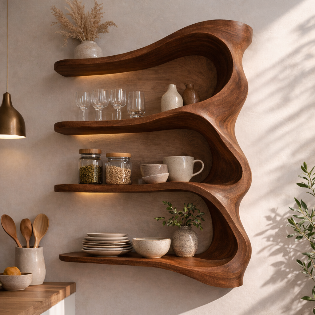 Solid Wood Wall Mounted Kitchen Cabinet Shelf – Curved Organic Wooden Storage Display