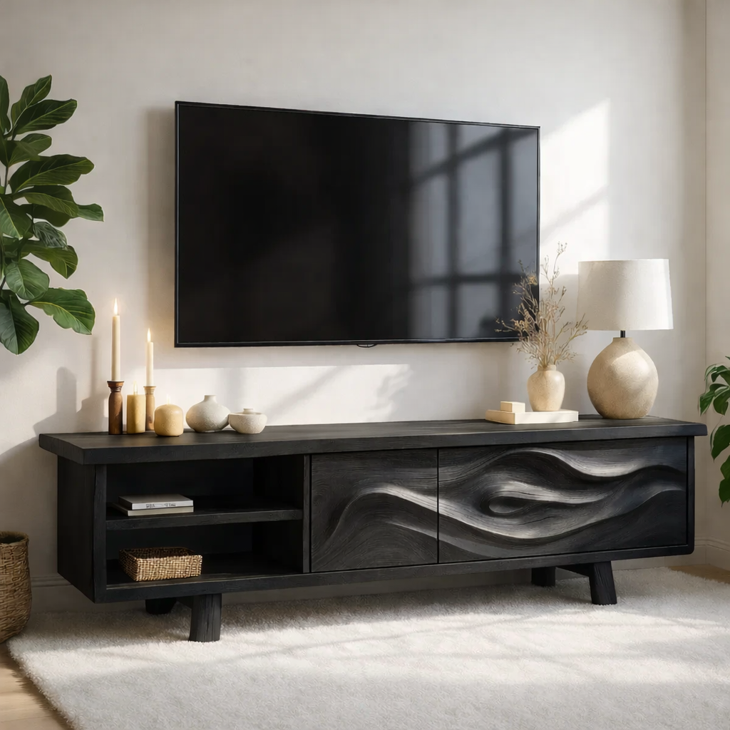 Live Edge Solid Wood TV Stand Walnut Media Console Hand Carved Modern Entertainment Unit Kitchnce