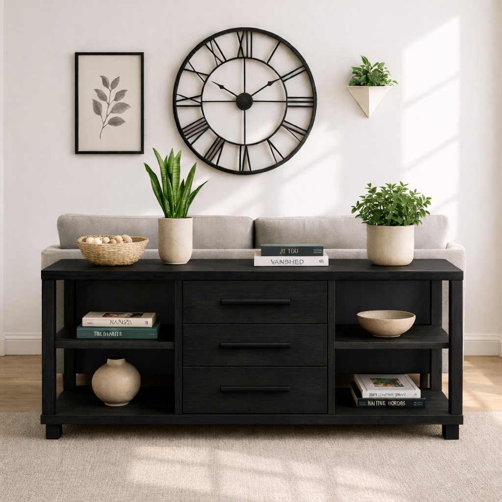 Solid Wood Console Table with Drawers and Shelves, Modern Walnut Entryway Sofa Table Storage Cabinet Kitchnce
