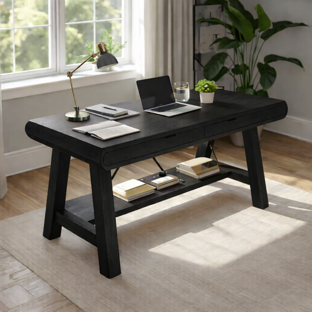 Solid Wood Work Desk with Drawer and Shelf, Handmade Modern Writing Table