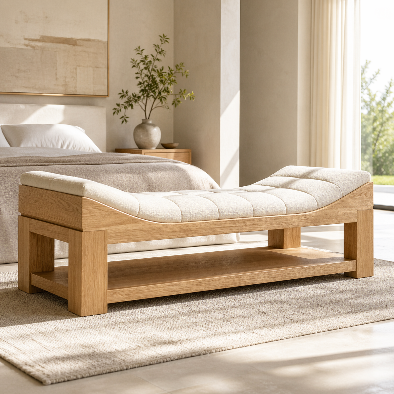 Modern Upholstered Daybed Bench with Storage Shelf for Bedroom Lounge Decor