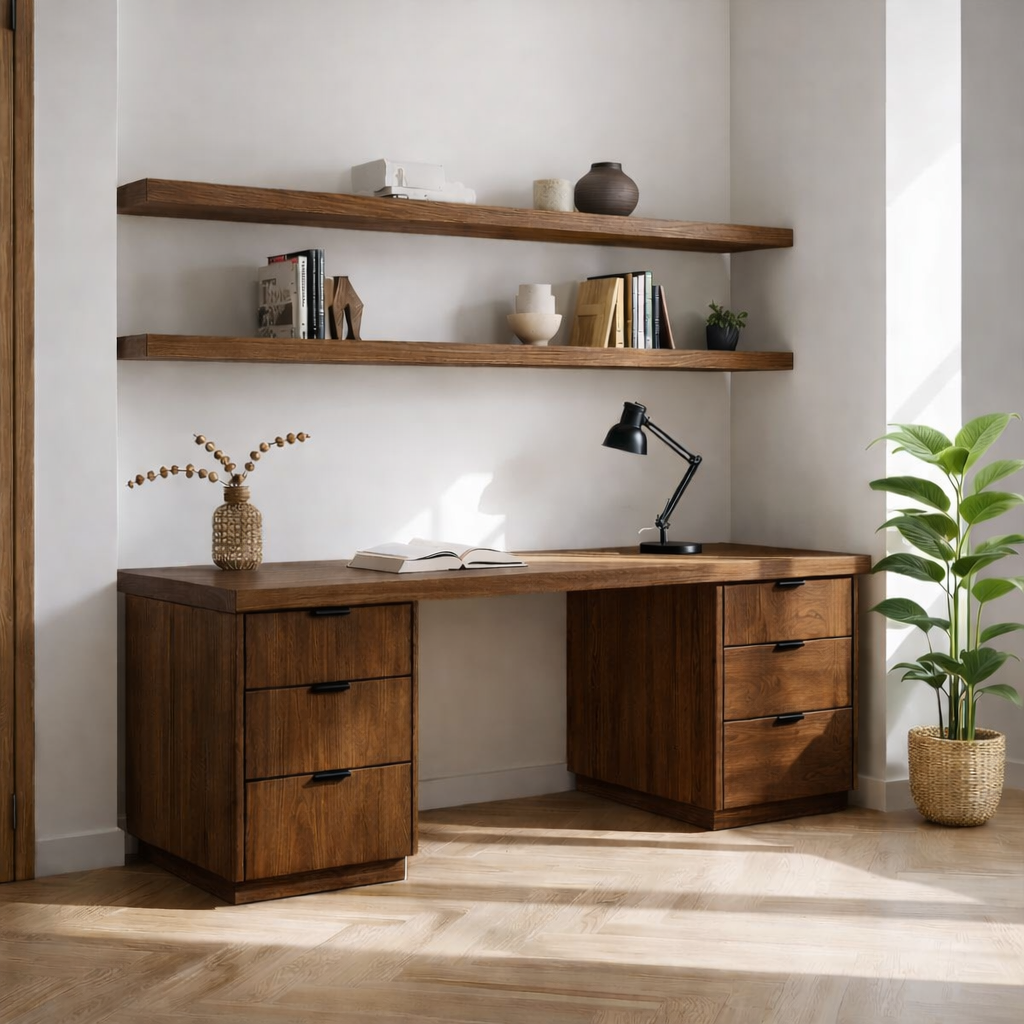 Solid Wood Executive Desk with Double Drawers Modern Home Office Workstation