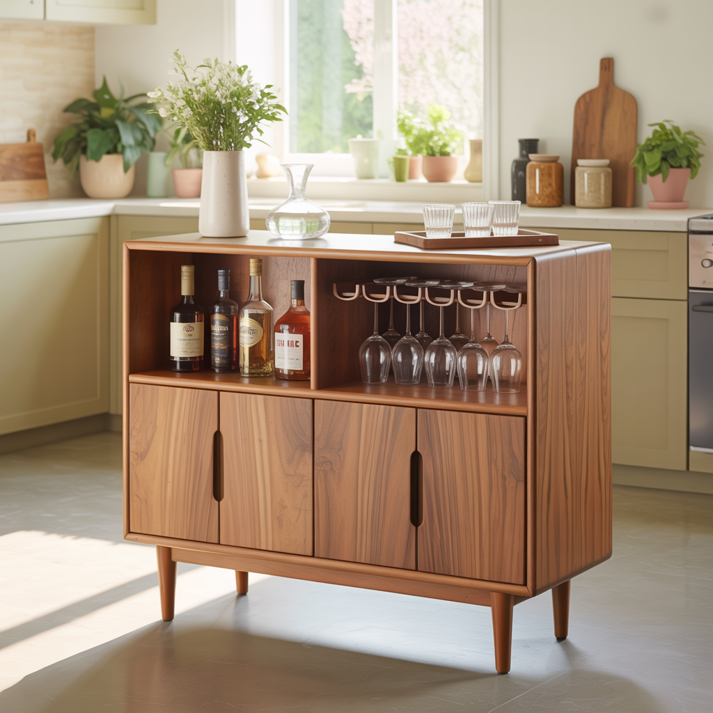 Handcrafted Solid Wood Dining Cabinet with Wine Storage and Hanging Glass Rack