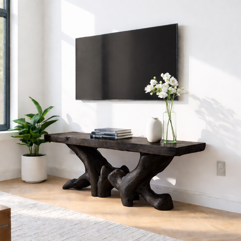 Rustic Solid Wood TV Stand Sculptural Media Console Natural Wood Entertainment Table Kitchnce