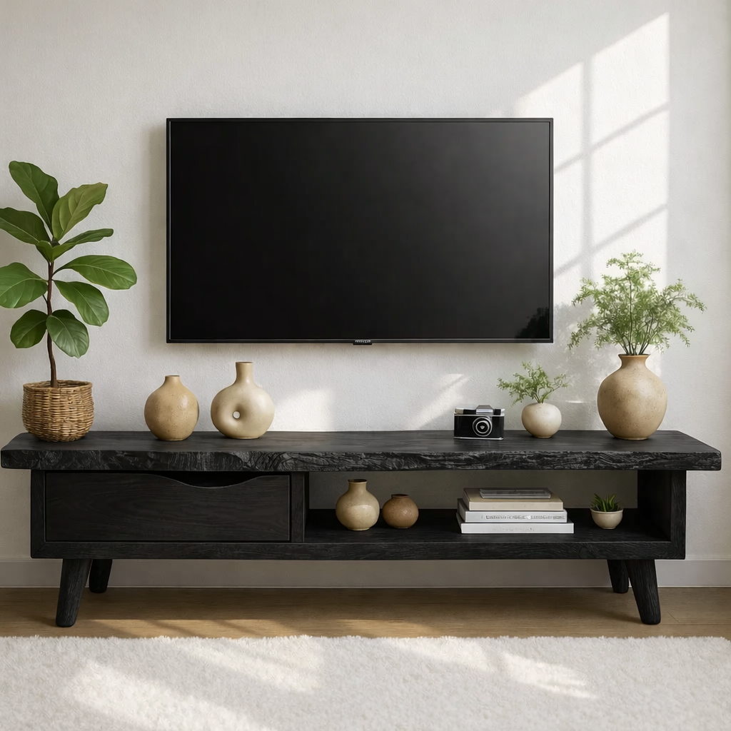 Handcrafted Solid Wood TV Stand with Drawer and Open Shelf, Mid Century Modern Media Console Kitchnce