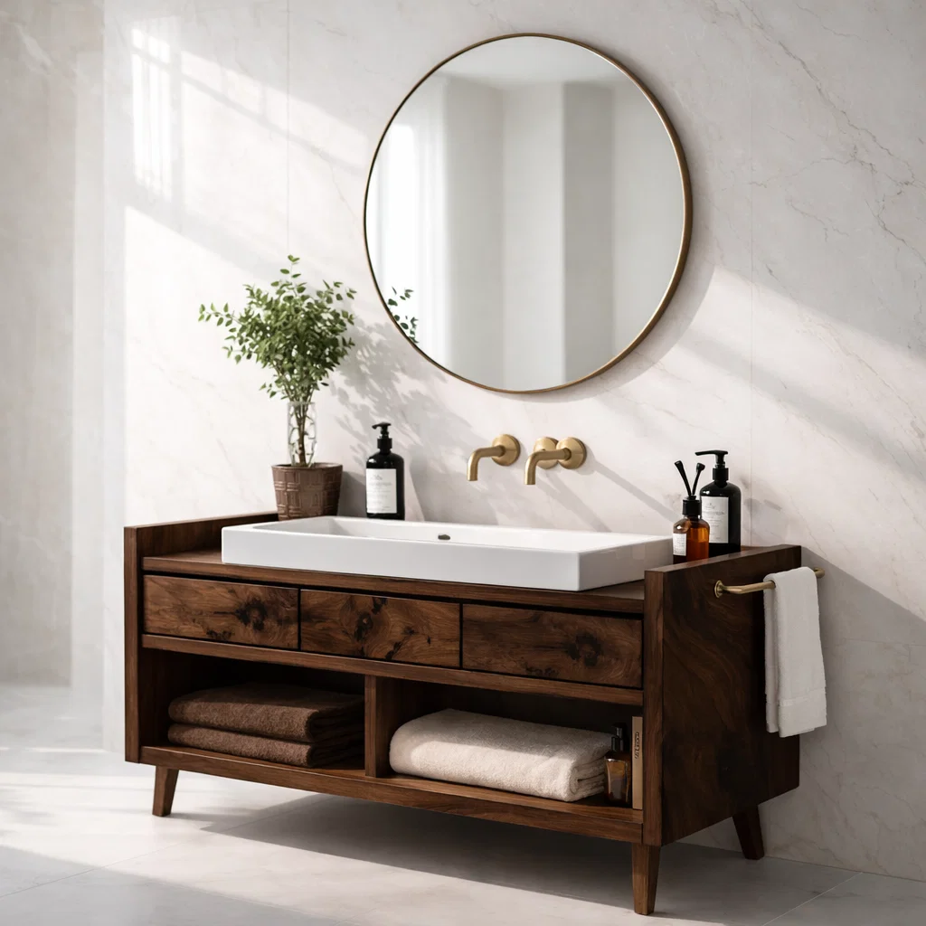 Solid Wood Bathroom Vanity Cabinet with Open Shelf – Rustic Modern, No Sink