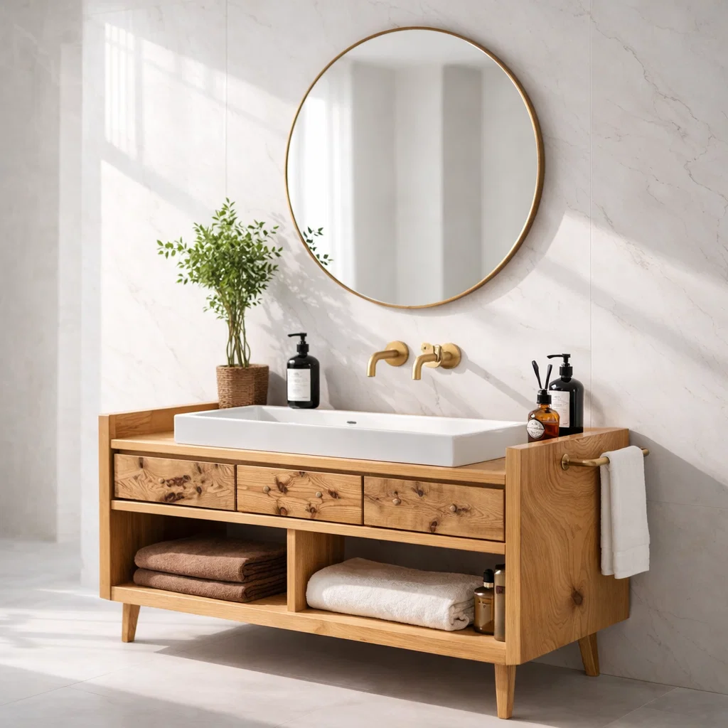 Solid Wood Bathroom Vanity Cabinet with Open Shelf – Rustic Modern, No Sink
