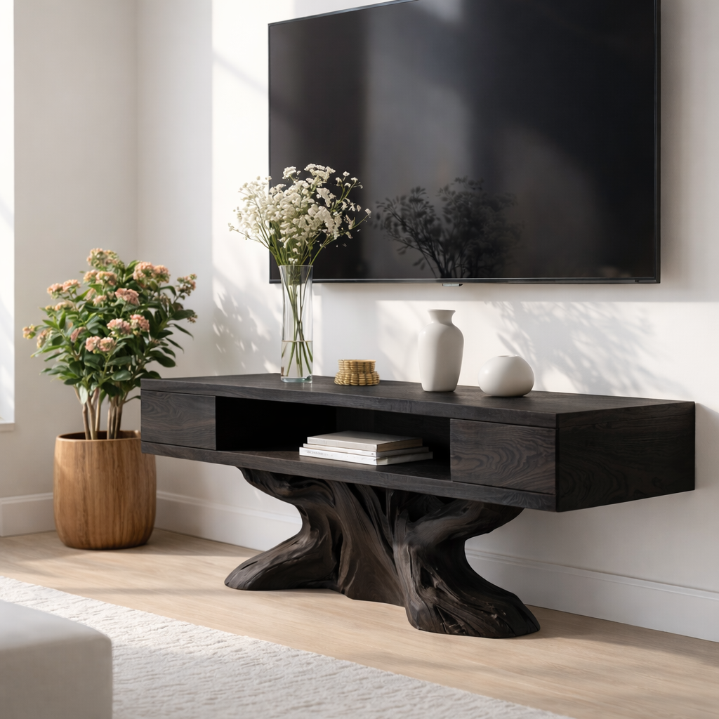 Rustic Solid Wood TV Stand Sculptural Base Media Console Modern Entertainment Center Kitchnce