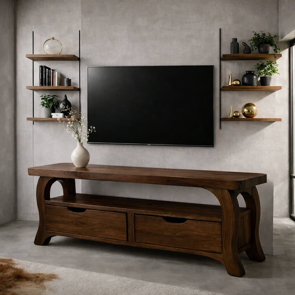 Modern Solid Wood TV Console with Storage Drawers – Wooden Media TV Stand