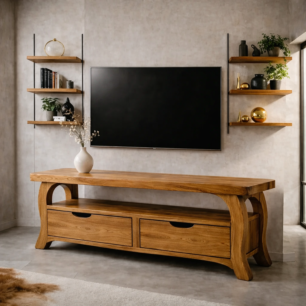 Modern Solid Wood TV Console with Storage Drawers – Wooden Media TV Stand