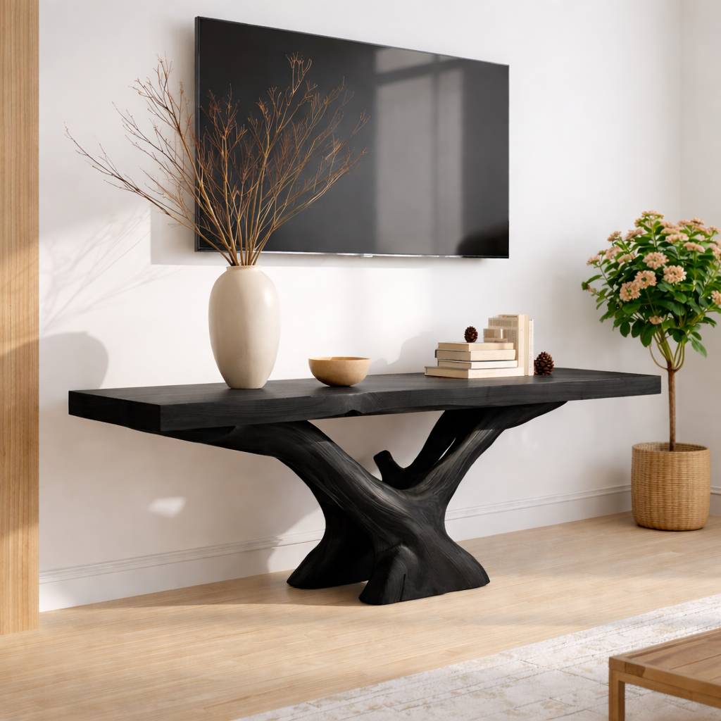 Rustic Solid Wood TV Stand Sculptural Base Media Console Modern Entertainment Table Kitchnce
