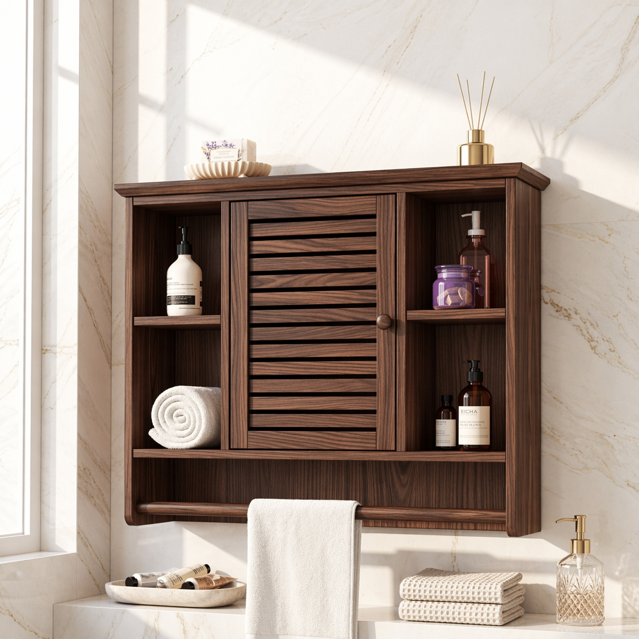 Floating Bathroom Cabinet, Wall-Mounted Vanity Storage With Slatted Door Towel Bar
