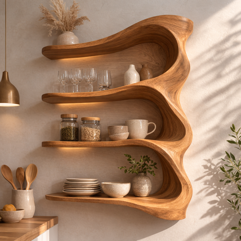 Solid Wood Wall Mounted Kitchen Cabinet Shelf – Curved Organic Wooden Storage Display