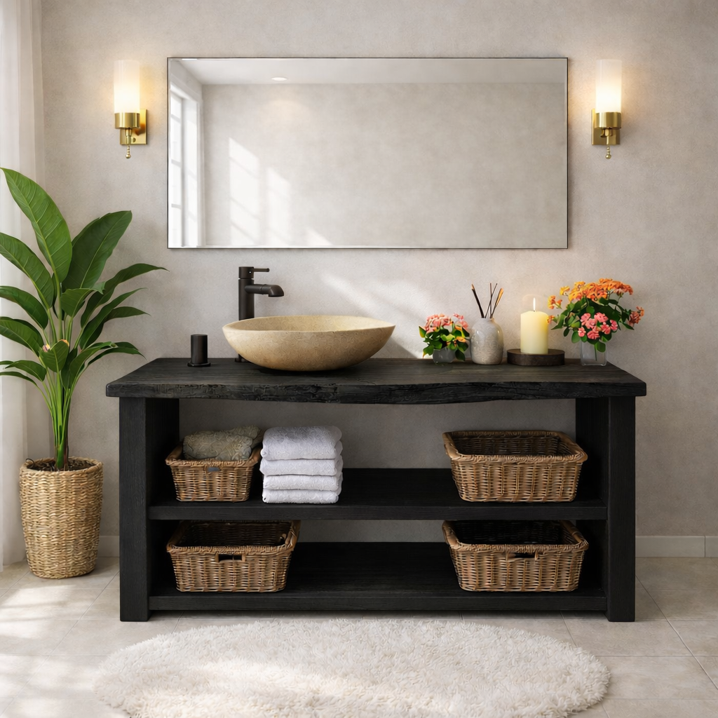 Rustic Wooden Bathroom Vanity with Open Shelves and Modern Faucet Kitchnce
