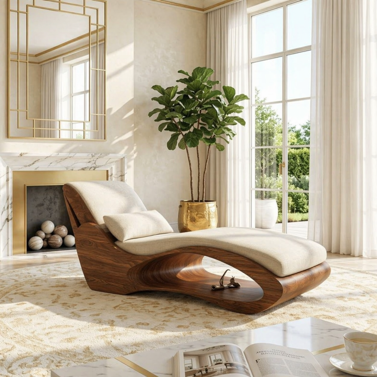 Modern Sculptural Chaise Lounge Chair, Curved Luxury Minimalist Accent Furniture