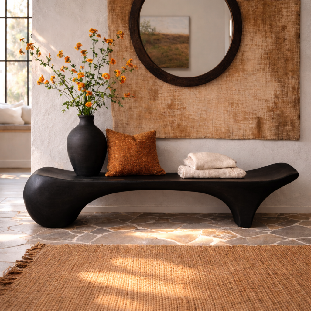 Sculptural Solid Wood Bench, Organic Modern Entryway Statement Seat