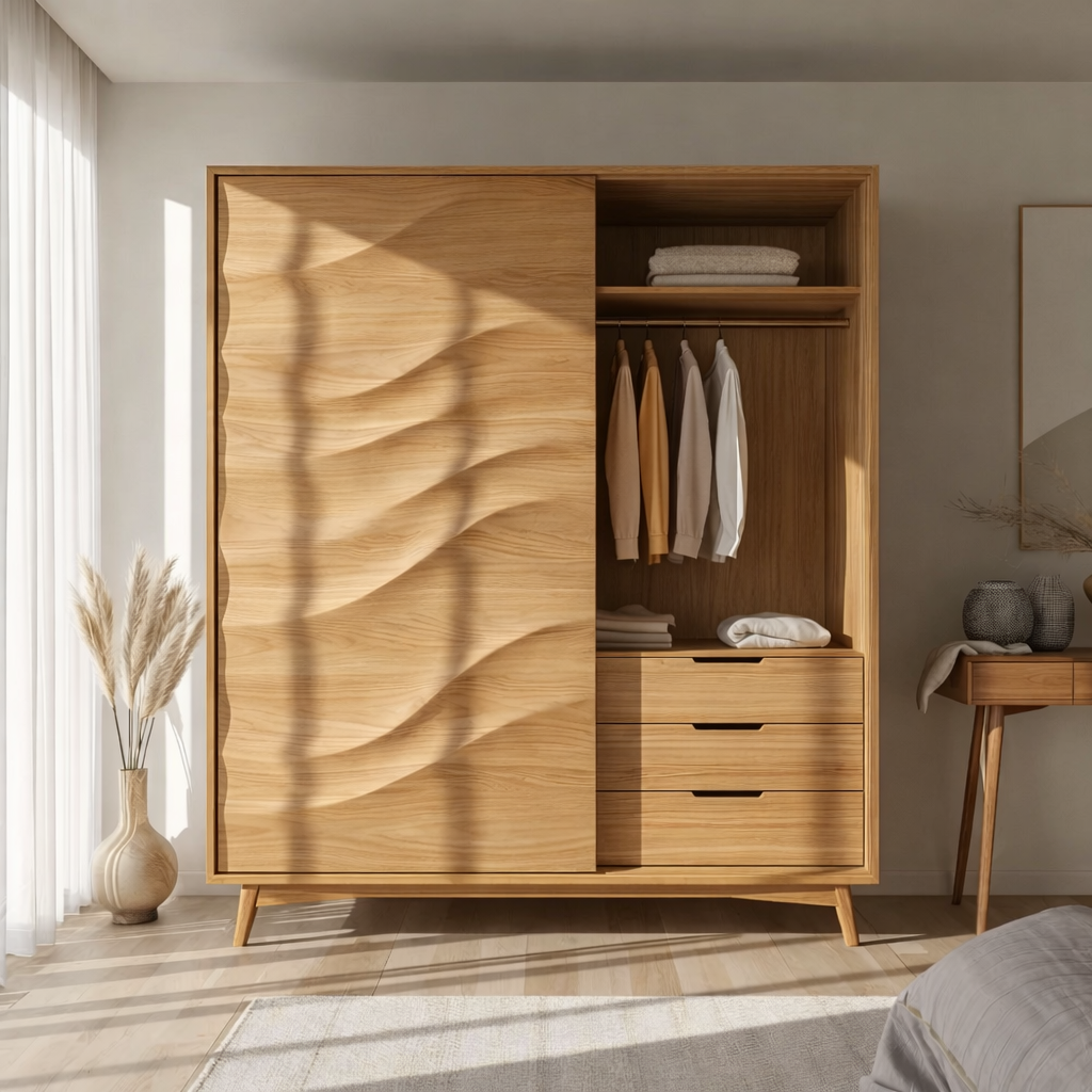 Solid Wood Wardrobe with Sculpted Wave Door – Modern Bedroom Closet with Drawers