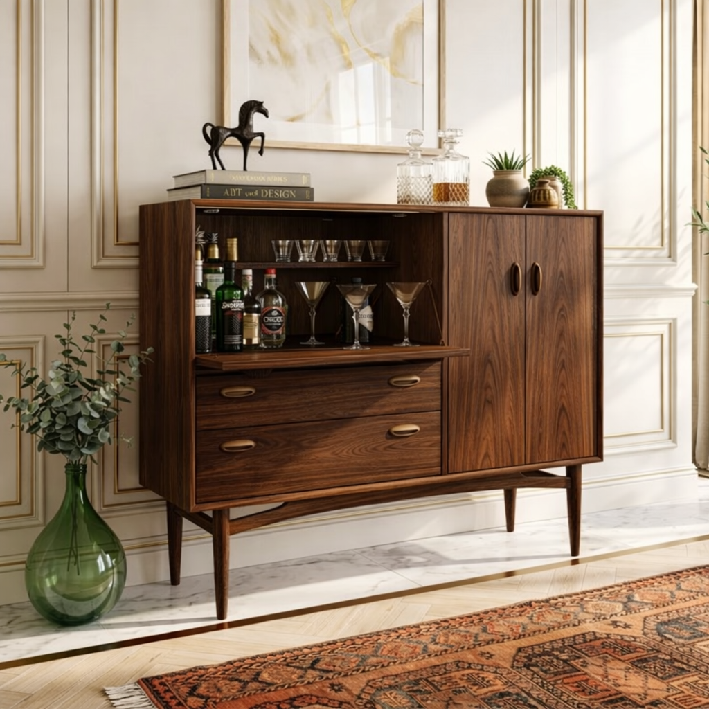 Contemporary Wooden Bar Cabinet, Stylish Mid Century Entertaining Console for Storage