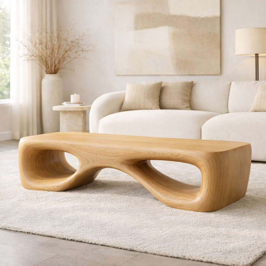 Modern Sculptural Wooden Entryway Bench, Curved Hallway Seating for Luxury Homes