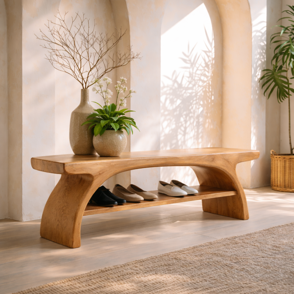 Sculptural Solid Wood Entryway Bench with Open Shoe Shelf - Kitchnce
