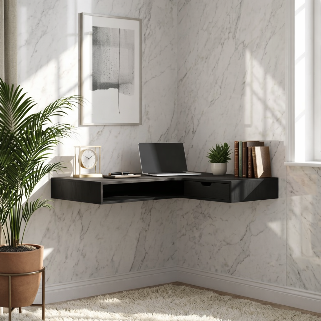 Floating Corner Desk – Slim Walnut Wall Workspace