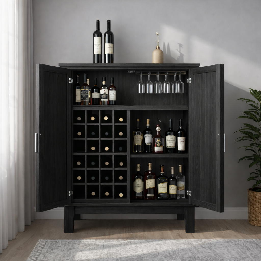 Solid Wood Wine Cabinet with Double Doors and Grid Bottle Storage