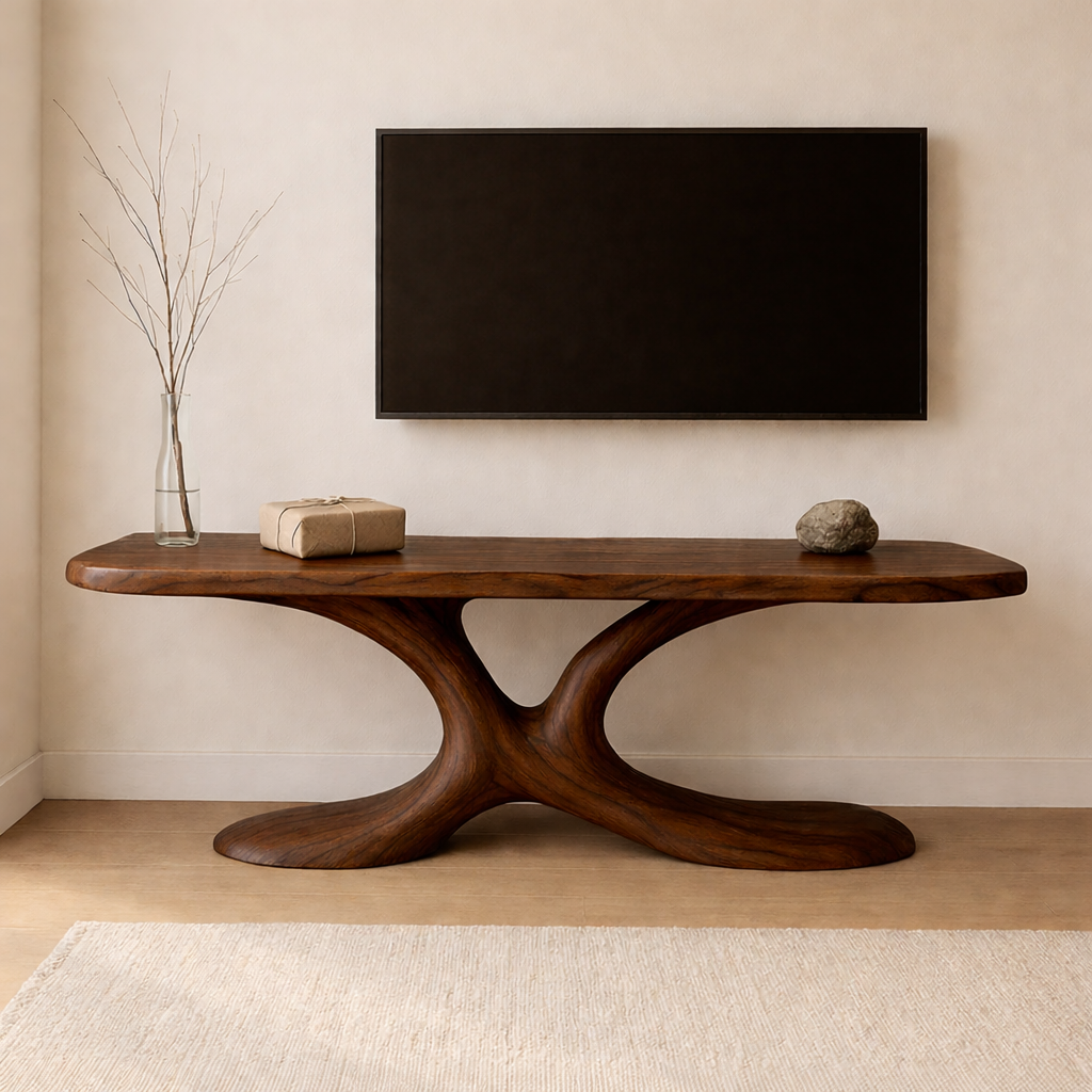 Modern Solid Wood TV Stand – Sculptural Wooden Media Console for Living Room